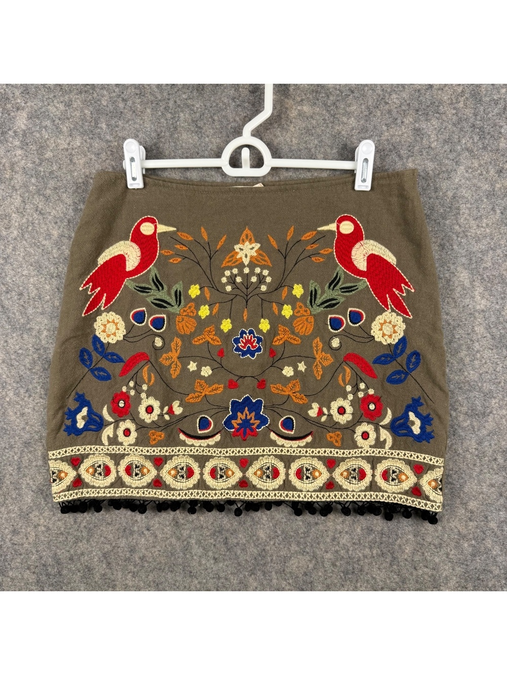 Altar’d State Embroidered Mini Skirt Birds Floral Olive Green Red Blue Large 986